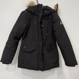 Gerry Women's Black Hooded Parka Jacket‎ Faux Fur Trim Down Fill Size S